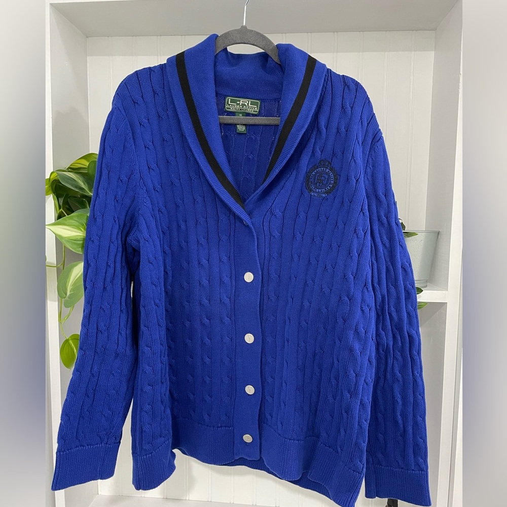 1X Lauren Ralph Lauren Active Button Down Cardigan Royal Blue Sweater